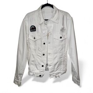 SER.O.YA White Distressed Denim Jacket – No Size Tag (fits S/M)– NWT Patch Logo